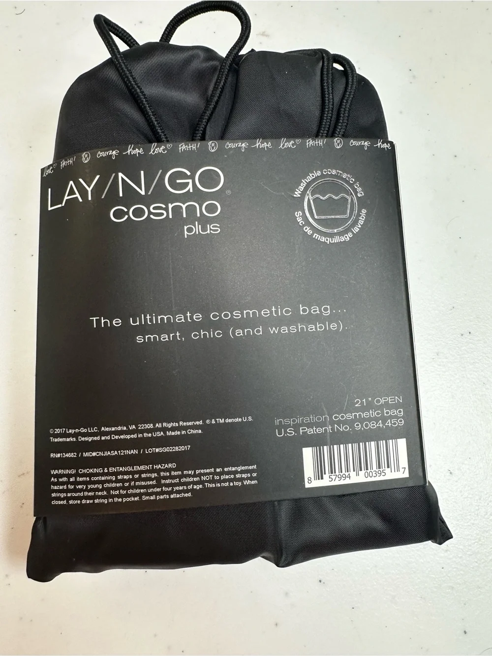 NWT Lay N Go Cosmo Plus Black Washable Makeup Bag Drawstring